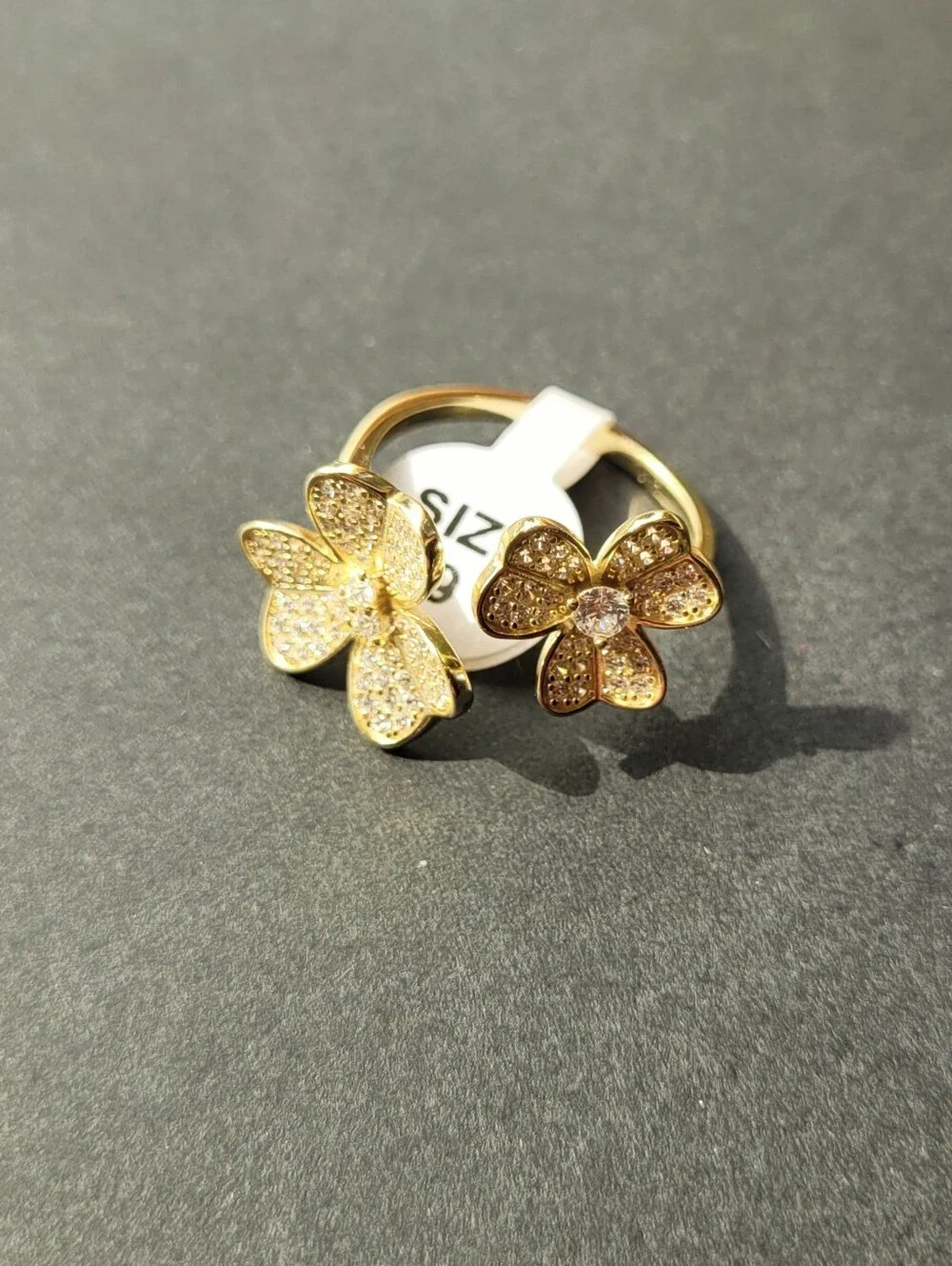S925 Sterling Silver 18K Gold Plated Double Clover Flower Open Bypass Ring — CZ